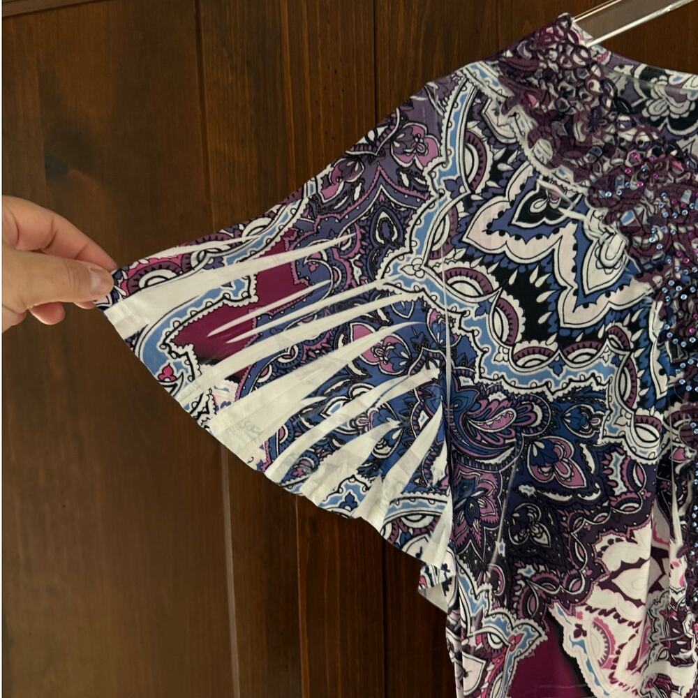 NWT One World Boho Babydoll Tunic Paisley Print Beaded Size Large Pink Purple - Picture 8 of 9